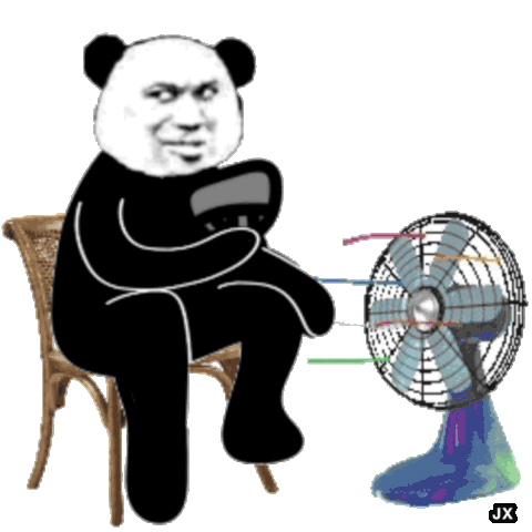 熊猫头坐着边扇扇子边吹风gif动态图