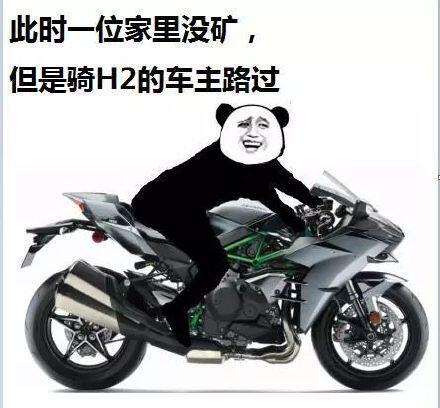 熊猫头骑着酷炫摩托车：此时一位家里没矿，但是骑H2的车主路过